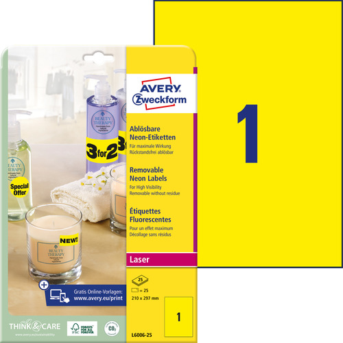Etykieta neonowa Avery Zweckform L6006-25 210 x 297 mm żółte 25 etykiet