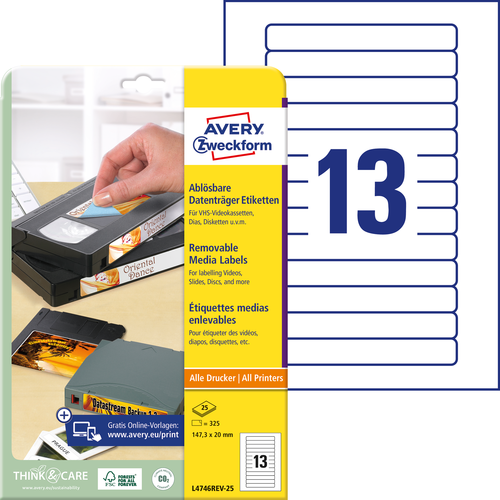 Etykieta na kasety Video Avery L4746REV-25 Stick&Lift usuwalna 147,3 x 20mm