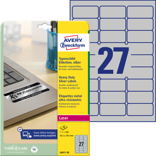 Etykiety znamionowe srebrne Avery Zweckform L6011-20 rozmiar 63,5 x 29,6mm