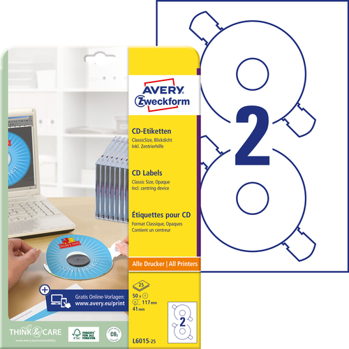Etykieta na płytę CD / DVD Avery Zweckform L6015-25 ClassicSize 50 etykiet