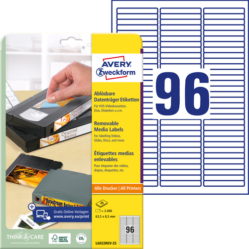 Etykiety Avery L6022REV-25 Stick&Lift odklejalne (usuwalne) 63,5 x 8,5 VIDEO 8mm