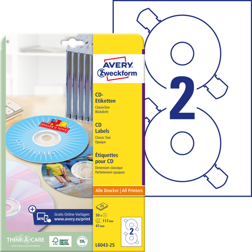 Etykiety na płyty CD / DVD Avery Zweckform L6043-25 ClassicSize, 50 etykiet