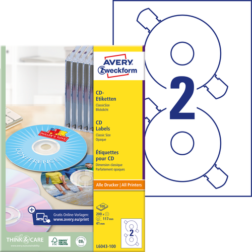 Etykieta na płytę CD / DVD Avery Zweckform L6043-100 ClassicSize, 200 etykiet