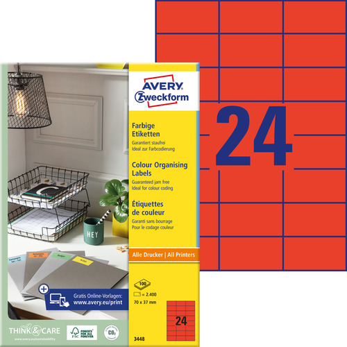 3448 Etykiety kolorowe Avery Zweckform rozmiar 70 x 37 czerwone 2400 etykiet