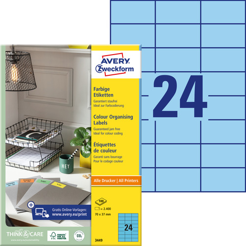 3449 Etykiety kolorowe Avery Zweckform rozmiar 70 x 37 niebieskie 2400 etykiet