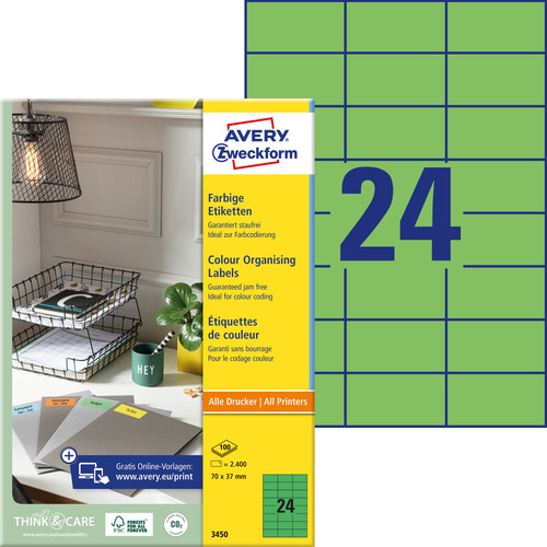 3450 Etykiety kolorowe Avery Zweckform rozmiar 70 x 37 zielone 2400 etykiet