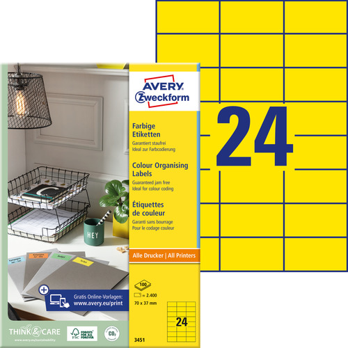 3451 Etykiety kolorowe Avery Zweckform rozmiar 70 x 37 żółte 2400 etykiet