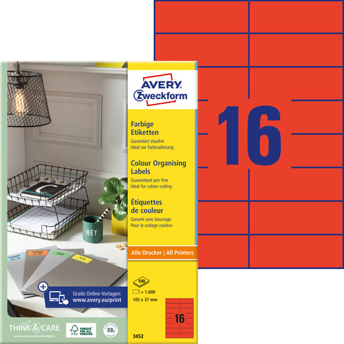 3452 Etykiety kolorowe Avery Zweckform rozmiar 105 x 37 czerwone 1600 etykiet