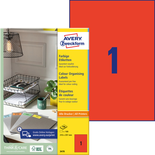 3470 Etykiety kolorowe Avery Zweckform rozmiar 210 x 297 czerwone 100 etykiet
