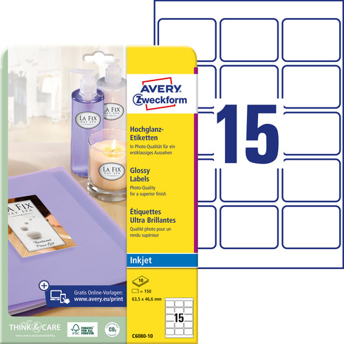 Etykieta z połyskiem Avery Zweckform C6080-10, błyszczące INKJET, 63,5 x 46,6m