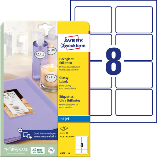 Etykieta z połyskiem Avery Zweckform C6081-10, błyszczące INKJET 88,9 x 63,5mm