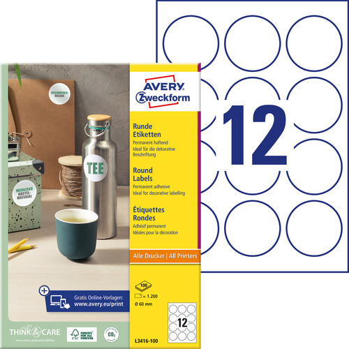 Etykieta kółko Avery Zweckform L3416 - 100, okrągłe 60mm, 1200 etykiet
