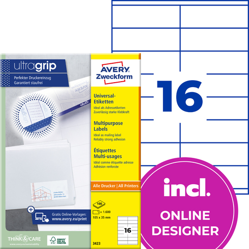 Etykiety uniwersalne Avery Zweckform 3423, rozmiar 105 x 35mm, 1600 etykiet