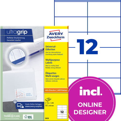 Etykiety uniwersalne Avery Zweckform 3424, rozmiar 105 x 48mm, 1200 etykiet