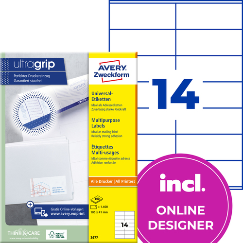 Etykiety uniwersalne Avery Zweckform 3477, rozmiar 105 x 41mm, 1400 etykiet