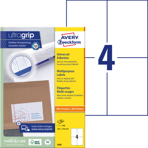 Etykiety uniwersalne Avery Zweckform 3483, rozmiar 105 x 148mm, 400 etykiet