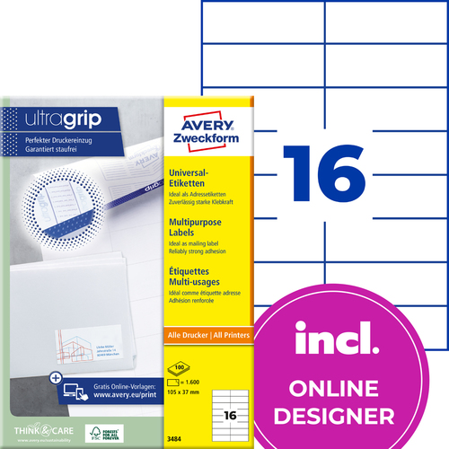 Etykiety uniwersalne Avery Zweckform 3484, rozmiar 105 x 37mm, 1600 etykiet