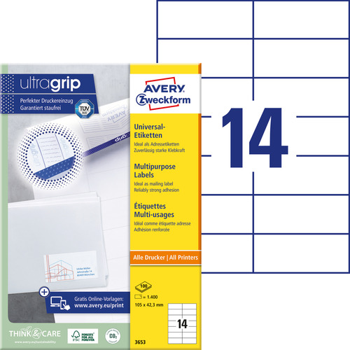 Etykiety uniwersalne Avery Zweckform 3653, rozmiar 105 x 42,3mm, 1400 etykiet