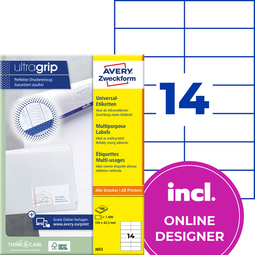 Etykiety uniwersalne Avery Zweckform 3653, rozmiar 105 x 42,3mm, 1400 etykiet