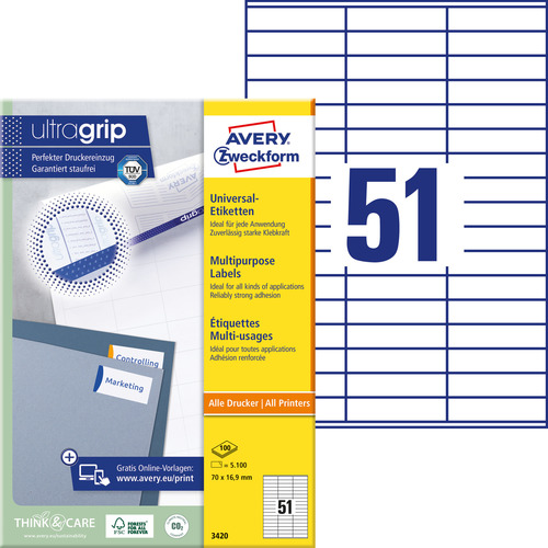 Etykiety uniwersalne Avery Zweckform 3420, rozmiar 70 x 16,9mm, 5100 etykiet