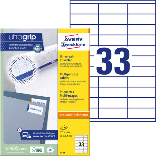 Etykiety uniwersalne Avery Zweckform 3421, rozmiar 70 x 25,4mm, 3300 etykiet