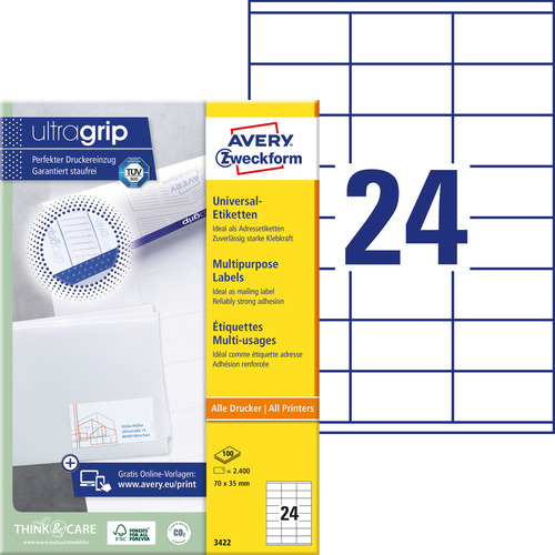 Etykiety uniwersalne Avery Zweckform 3422, rozmiar 70 x 35mm, 2400 etykiet