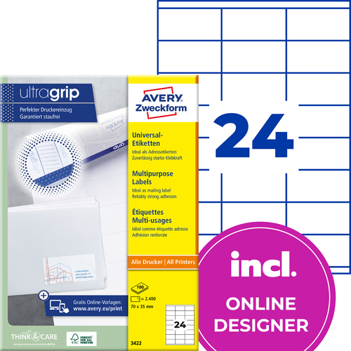 Etykiety uniwersalne Avery Zweckform 3422, rozmiar 70 x 35mm, 2400 etykiet