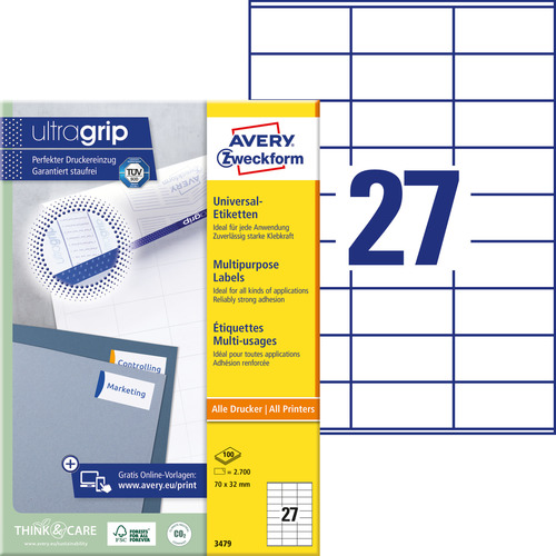 Etykiety uniwersalne Avery Zweckform 3479, rozmiar 70 x 32mm, 2700 etykiet