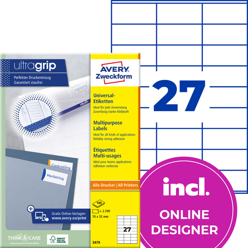 Etykiety uniwersalne Avery Zweckform 3479, rozmiar 70 x 32mm, 2700 etykiet