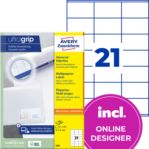 Etykiety uniwersalne Avery Zweckform 3481, rozmiar 70 x 41mm, 2100 etykiet