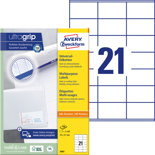 Etykiety uniwersalne Avery Zweckform 3481, rozmiar 70 x 41mm, 2100 etykiet
