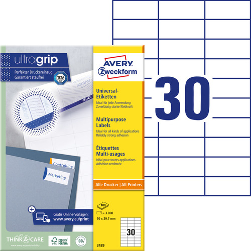 Etykiety uniwersalne Avery Zweckform 3489, rozmiar 70 x 29,7mm, 3000 etykiet