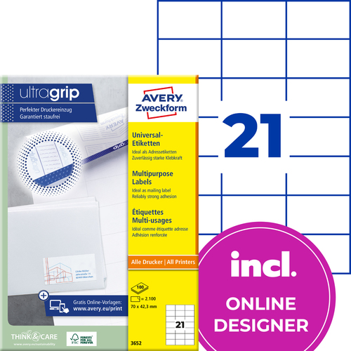 Etykiety uniwersalne Avery Zweckform 3652, rozmiar 70 x 42,3mm, 2100 etykiet