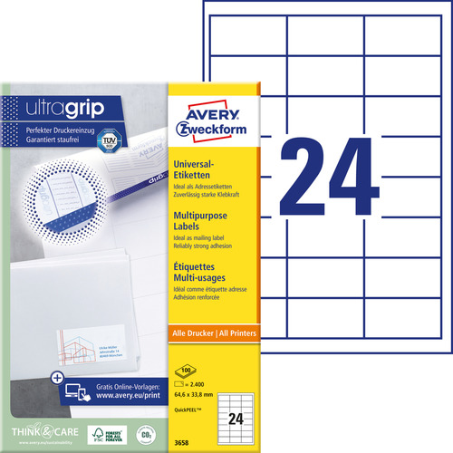 Etykiety QuickPeel Avery Zweckform 3658, rozmiar 64,6 x 33,8mm, 2400 etykiet