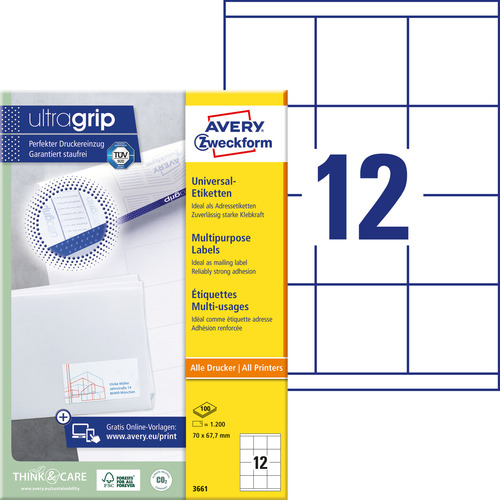 Etykiety uniwersalne Avery Zweckform 3661, rozmiar 70 x 67,7mm, 1200 etykiet