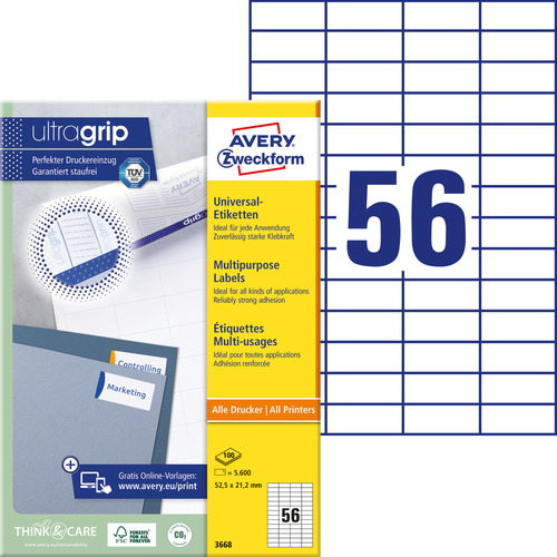 Etykiety uniwersalne Avery Zweckform 3668, rozmiar 52,5 x 21,2mm, 5600 etykiet
