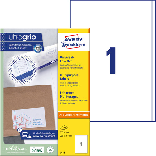 Etykiety uniwersalne Avery Zweckform 3418, rozmiar 200 x 297mm, 100 etykiet