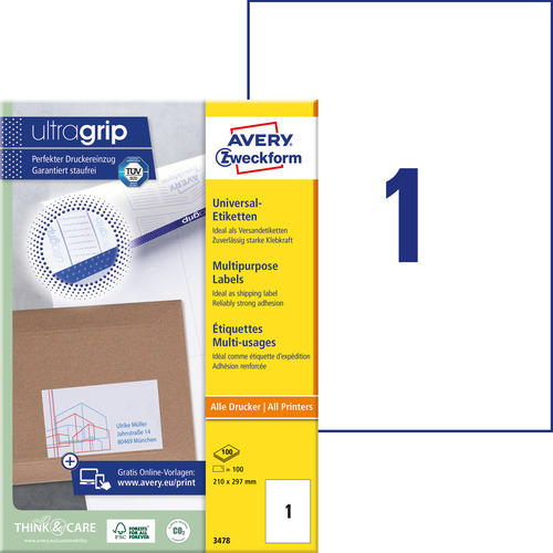 Etykiety uniwersalne Avery Zweckform 3478, rozmiar 210 x 297mm, 100 etykiet