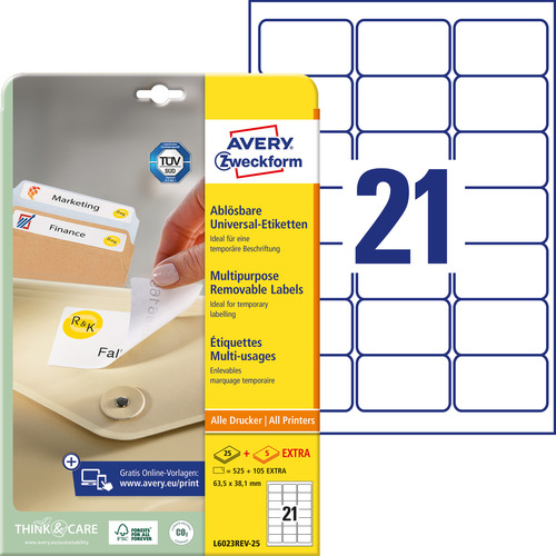 Etykiety papierowe usuwalne L6023REV - 25 rozmiar 63,5 x 38,1mm, 525 szt.