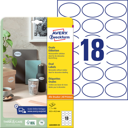 Etykieta usuwalna owalna Avery Zweckform L6024REV-25, rozmiar 63,5 x 42,3 450 et