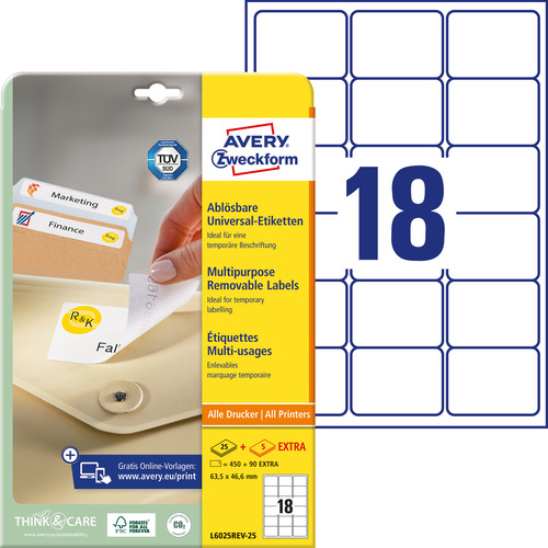 Etykiety papierowe usuwalne L6025REV - 25 rozmiar 63,5 x 46,6mm, 450 szt.