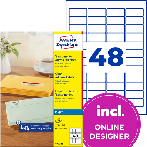 Etykieta adresowa InkJet J4720-25 rozmiar 45,7 x 21,2mm transparentna 1200 szt.