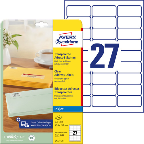 Etykieta adresowa Avery Zweckform J4721-25 InkJet 63,5 x 29,6 transparentna