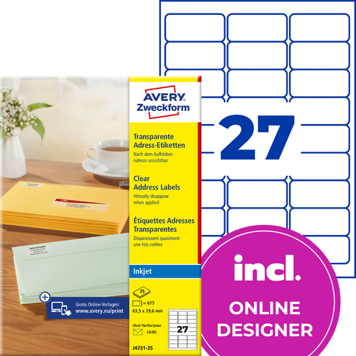 Etykieta adresowa Avery Zweckform J4721-25 InkJet 63,5 x 29,6 transparentna
