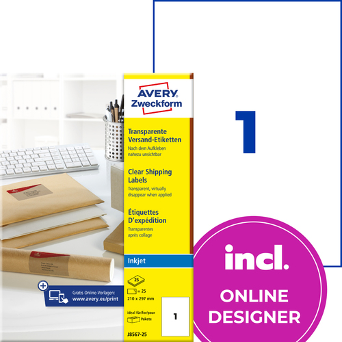 Etykieta wysyłkowa InkJet J8567 - 25 210 x 297 transparentna 25 etykiet