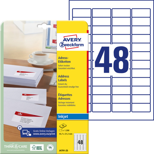 Etykieta adresowa InkJet Avery Zweckform J4791 - 25, 45,7 x 21,2mm biała