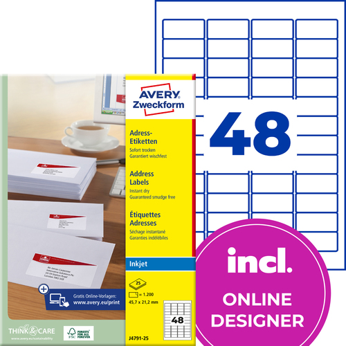 Etykieta adresowa InkJet Avery Zweckform J4791 - 25, 45,7 x 21,2mm biała