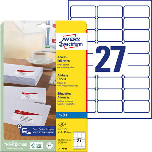 Etykieta adresowa InkJet Avery Zweckform J4792 - 25, 63,5 x 29,6mm biała