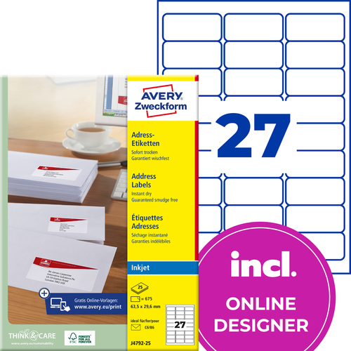 Etykieta adresowa InkJet Avery Zweckform J4792 - 25, 63,5 x 29,6mm biała