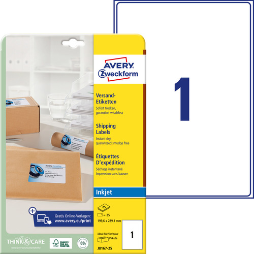 Etykieta wysyłkowa InkJet Avery Zweckform J8167 - 25, 199,6 x 289,1mm biała, 25